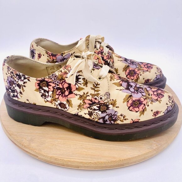 Dr. Martens Shoes - Dr Martens Shoes Womens 8 Beige Leather Fabric Floral Lester Oxford